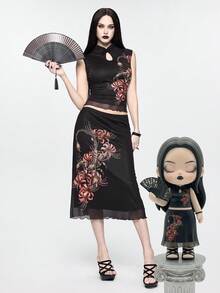 ROMWE Goth 哥特蝎子与孤挺花印花女士套装 - 黑色 - 查看 1