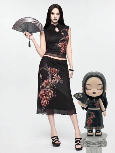 ROMWE Goth 哥特蝎子与孤挺花印花女士套装