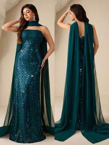 Coutiva Luxury Sequin Formal Dress, High-End Elegant Party Gown Elegant Square Neck Long Sleeve Slim Mermaid Dress, Trailing Splicing Lace Embroidery Evening Dress, Wedding Dress, Party, Christmas Dress, Valentine's Day - Dark Green - View 1