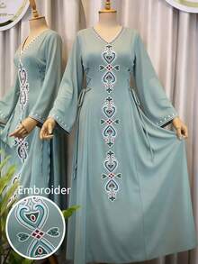 Al Najma New Embroidered V-Neck Tie-Cinched Waist Casual Vintage Dress, Versatile For Holiday And Daily Wear - Green - View 3