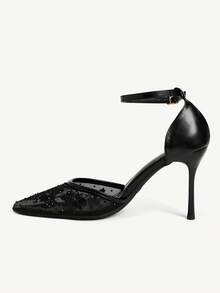 CUCCOO CHICEST 女士尖头网眼黑色踝靴，镶钻装饰，性感时尚细高跟凉鞋 - 黑色 - 查看 4