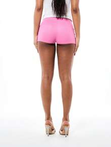 BABYPHAT 女士针织短裤，抽绳腰带，侧边撞色滚边细节，夏季休闲居家服 - 粉色 - 查看 2