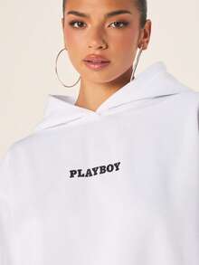 Missguided x Playboy Gaun Mini Hoodie Putih Lengan Panjang dengan Tali Serut untuk Gaya Streetwear Kasual Musim Gugur dan Musim Dingin - Putih - View 5
