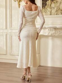 Vintamour 复古经典优雅女士连衣裙，春夏修身提花针织连衣裙，方领连衣裙，鱼尾紧身连衣裙，杏色连衣裙 - 杏色 - 查看 2