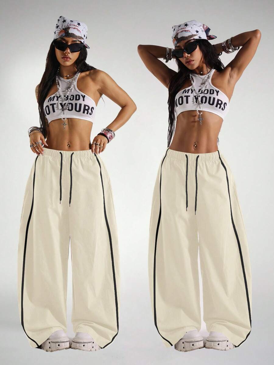 StreetHx Pantalones deportivos casuales de pierna ancha con cintura con cordón - Albaricoque - Ver 1