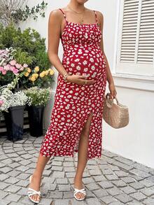 SHEIN 孕妇休闲碎花无袖连衣裙 - 紅色 - 查看 4