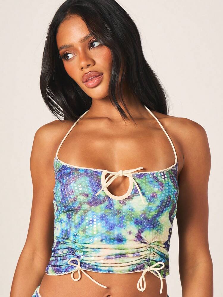 MISSGUIDED Sequin Snake Print Two Piece Co Ord Set With Ruched Halter Top And Booty Shorts With Side Ties