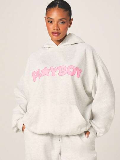 Missguided x Playboy Women's Oversized Hoodie With Bubble Letter Logo Print Light Grey Pullover Sweatshirt With Hood Long Sleeve Casual Streetwear