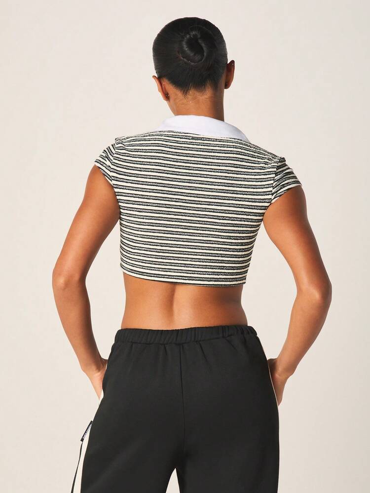 Missguided x Playboy Striped Polo Crop Top With Collar Short Cap Sleeves Horizontal Stripes Bunny Logo Summer Casual