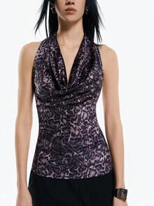 Airlisse Áo croptop nữ mùa hè bằng nhung in họa tiết da báo, kiểu yếm, không tay, buộc dây cổ, thích hợp mặc sau lưng. - Nhiều màu - Xem 3