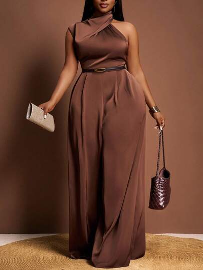 Veslaya Mono de talla grande para mujer con pantalón de pierna ancha y bolsillos, de ajuste holgado, sin mangas, con cuello de piel, de estilo elegante, para vacaciones, uso diario, citas, playa, crucero y fiestas, de nueva llegada para primavera/verano 2026