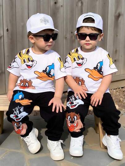 SHEIN 两件套儿童男童休闲日常舒适印花圆领短袖T恤和运动裤针织套装