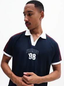 SUMWON Men's Slim Fit Navy Polo Shirt With France 98 Chest Print And Striped Sleeve Detail Casual Short Sleeve Collared Top - Blue - View 6