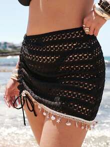 SHEIN BAE Plus Size Women Hollow Out Design Side Drawstring Kaftan & Skirt Set - Black - View 3