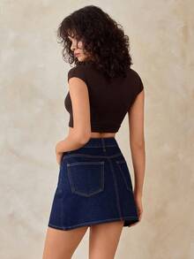 SHEIN :A-Line Raw Wash, Button Front, Dark Wash, Comfort, Denim Skirt - Dark Wash - View 2