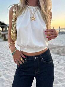 Aloruh 新款春夏露背吊带缎面吊带背心，白色，适合约会、婚礼、休闲穿着 - 白色 - 查看 9