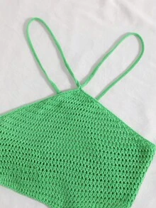 Trelyra 女士夏季性感沙滩度假纯色镂空针织露背吊带衫 - 綠色 - 查看 5