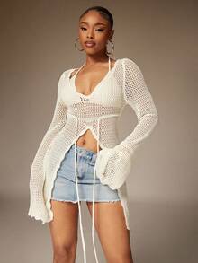 Denimoi Women's Hollow Out V-Neck Long Sleeve Cover Up, Spring/Summer - White - View 1