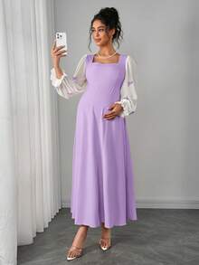 Momance 荷叶边灯笼袖孕妇连衣裙，蝴蝶结装饰方领，后背褶皱蝴蝶结系带，A字型长裙 - 淡紫色 - 查看 4