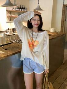 DAZY Women's Floral & Letter Print Oblique Shoulder Casual Versatile Daily Wear Long Sleeve T-Shirt - White - View 6