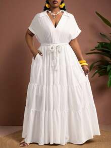 Truni 大码女士优雅白色连衣裙,宽松长款,腰间饰有编织腰带,适合度假、下午茶、邮轮、城市驾车、波西米亚风、音乐节、海滩装扮、复活节、优雅连衣裙、度假装、音乐会装、热带度假装、波西米亚风服装,春夏秋季皆宜。 - 白色 - 查看 5