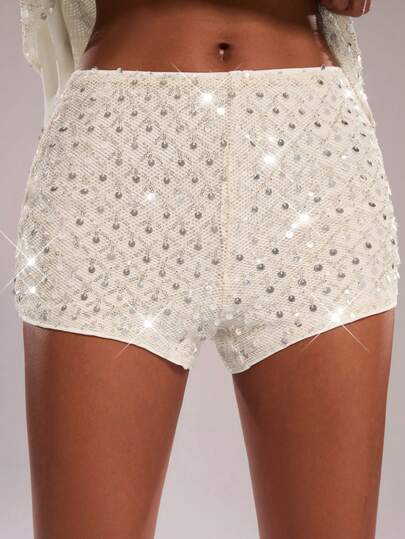 SHEIN BAE Apricot Mesh Beaded Embroidered Super Low-Waist Shorts, Suitable For Music Festivals, Rave Parties, Country Music Festivals, Concerts, Clubs, Celebrations, Beach,Summer Outfit For Women, Party Outfit,Sequin Shorts, Beach Outfits For Women,Summer Holiday Outfits