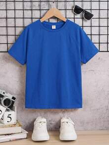 SHEIN Tween Boy Loose Minimalist Round Neck Solid Color Raglan Sleeve Short Sleeve T-Shirt,Kids - Royal Blue - View 2