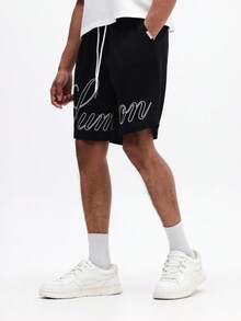SUMWON Men's Drawstring Casual Shorts With Cursive Script Print Black Loose Fit Summer Beach Vacation Wear Comfortable Elastic Waist - Black - View 4