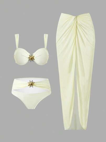 Swim Oasis Spring/Summer New Women's Swimwear High-End 3-Piece Set, Featuring Underwire Top With Metal Accents, Hollow-Out Side Metal Accent Bottoms, And Wrap Skirt, Elegant Apricot Color Beach/Pool Swimwear Beach Skirt Set Beach Two Pieces Set Sexy Cream Two Pieces Set Elegant Two Pieces Set Easter Beige Two Pieces Set Holiday