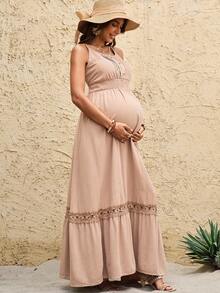 Boho Mama Pregnant Women's Ruched Waist Elegant Round Neck Casual Dress For Vacation & Daily Wear - Khaki - View 5