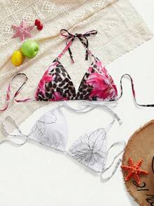 SHEIN Swim Curve Baju Renang Wanita Ukuran Besar 1 potong Motif Bunga Leher Halter 2 potong Atasan - Putih - View 4