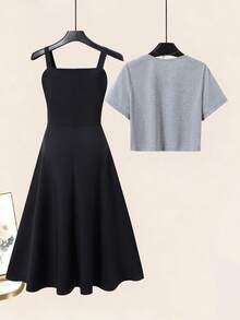 GlowEve Bộ đồ nữ gồm váy màu trơn và áo tay ngắn cổ tròn vạt lệch, thích hợp mặc hàng ngày hoặc hẹn hò. - Nhiều màu - Xem 2