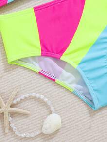 SHEIN 女童彩色条纹撞色拼接圆领无袖泳衣上衣和松紧腰泳裤两件套 - 彩色 - 查看 3
