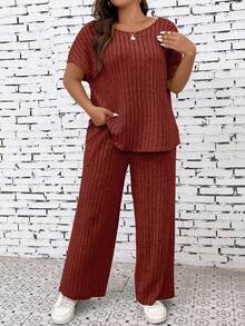 EMERY ROSE Women's Round Neck Striped Short Sleeve Top And Wide Leg Pants Casual 2 Pieces Set - Burgundy - View 5