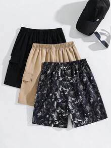 SHEIN 3件組青少年男孩寬鬆休閒純色運動工裝短褲套裝，黑色，夏季，休閒，登山，百搭基礎校園大學穿搭 - 彩色 - 查看 3