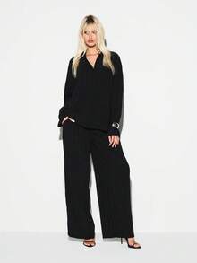 KIZN Ribbed Knit Long Sleeve V Neck Collared Button Up Blouse With Textured Stripe Detail Fall Winter Casual - Black - View 3