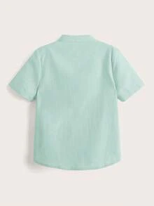 SHEIN Young Boy Dinosaur Print Stand Collar Short Sleeve Casual Shirt, Suitable For Summer Holiday & Daily Commute - Mint Green - View 2