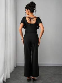 SHEIN 孕妇纯色V领镂空休闲短袖连体裤 - 黑色 - 查看 8