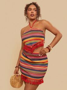 SHEIN VCAY Plus Size Women's Red Summer Boho Holiday 2 Pieces Set,Halter Backless Tassel Hem Knit Blouse & Mini Skirt,Vacation Festival Two Piece Outfit - Multicolor - View 6