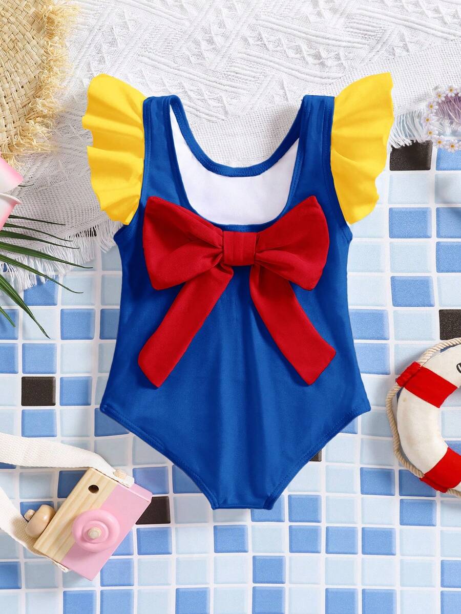 SHEIN Baby Girl Colorblock Bow Decor One-Piece Swimsuit, Suitable For Beach Vacation, Pool Party, Beach Party,Kids - Multicolor - View 1