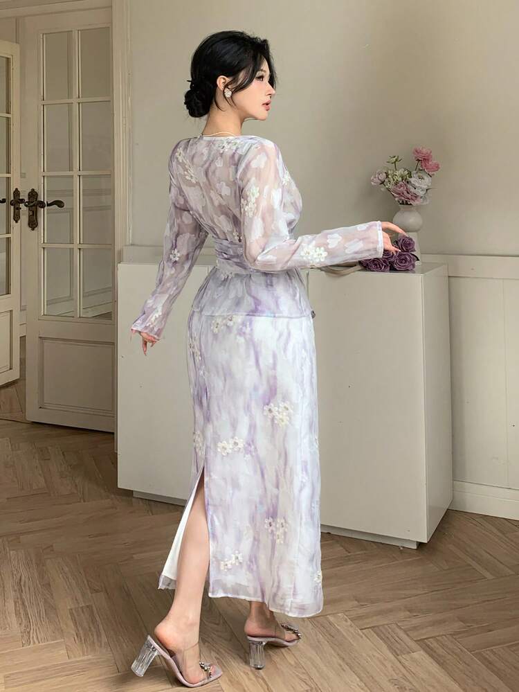 Women's Elegant Floral V-Neck Asymmetric Pleated Straight Skirt Two Pieces Set, Spring/Summer