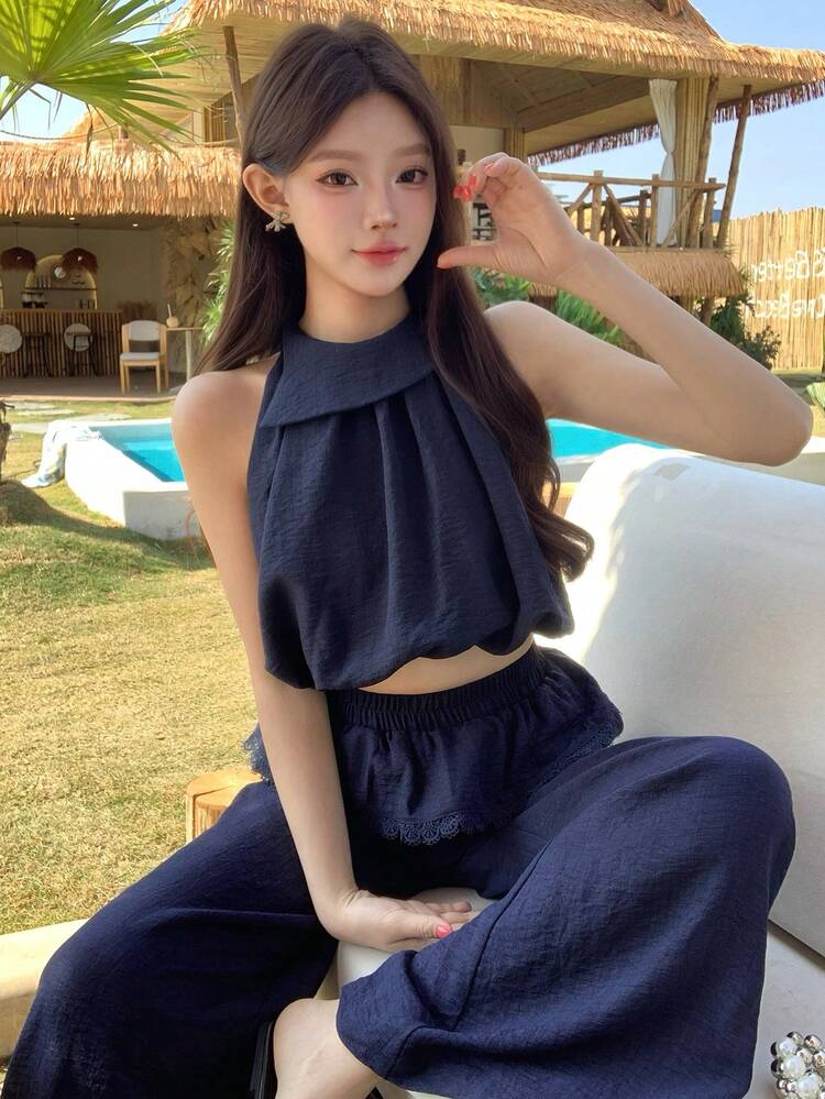 Spring & Summer Ruffle Hem Floral Patchwork Straight Leg Casual Pants Set, Sleeveless Vest Crop Top, Blue, Suitable For Valentine's Day, Wedding, Casual, Beach, Elegant Office Wear, Sweet 2-Piece Set For Women