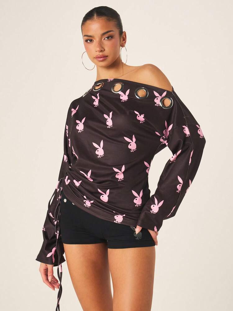 Missguided x Playboy Women's Off Shoulder Long Sleeve Top With Bunny All Over Print And Metal Eyelets Black Pink