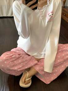 DAZY 2pcs Women Cute Cat Print Lace Patchwork Long Sleeve Top And Loose Pants Pajama Set, Spring - White - View 5