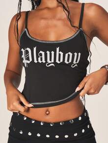 Missguided x Playboy 金属色包缝吊带背心，印花和铆钉细节设计，适合夏季节日穿着 - 黑色 - 查看 2