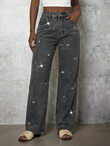 Slaydiva Women's Casual Everyday Wear Jeans With Pockets, Button Closure And Rhinestone Five-Pointed Star Pattern Shiny - Black - View 5