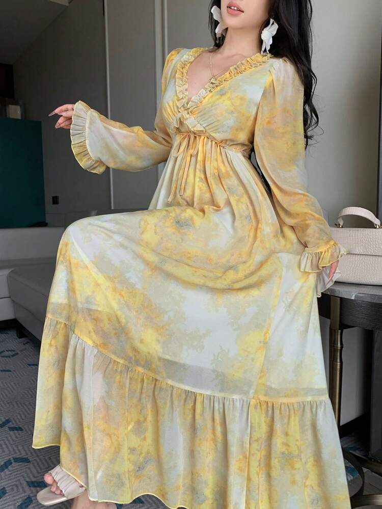 Women's Elegant Floral V-Neck Tie-Waist Petal Sleeve Frill Trim Mid-Length Dress, Spring/Summer Maxi Dress Sundress