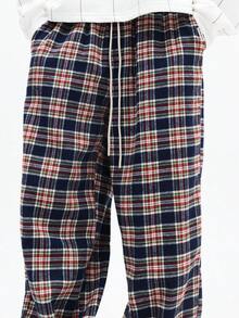 SUMWON 男士格子宽松套穿格纹裤休闲宽松阔腿抽绳腰带舒适休闲日常裤 - 藍色 - 查看 5