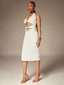 Denimoi 搭扣细节露背牛仔连衣裙 性感连衣裙 度假连衣裙 早午餐连衣裙 镂空连衣裙 春季 - 白色 - 查看 4