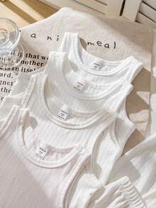 8pcs/Set Young Girl Ribbed Knit Crew Neck Vest & Shorts Set, Casual Layering Underwear, Available In Grey, Brown, Apricot, Pink - White - View 3